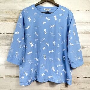 Bonnie Evans Sweatshirt Women 1X Blue Dragonfly Print 3/4 Sleeve Cottagecore